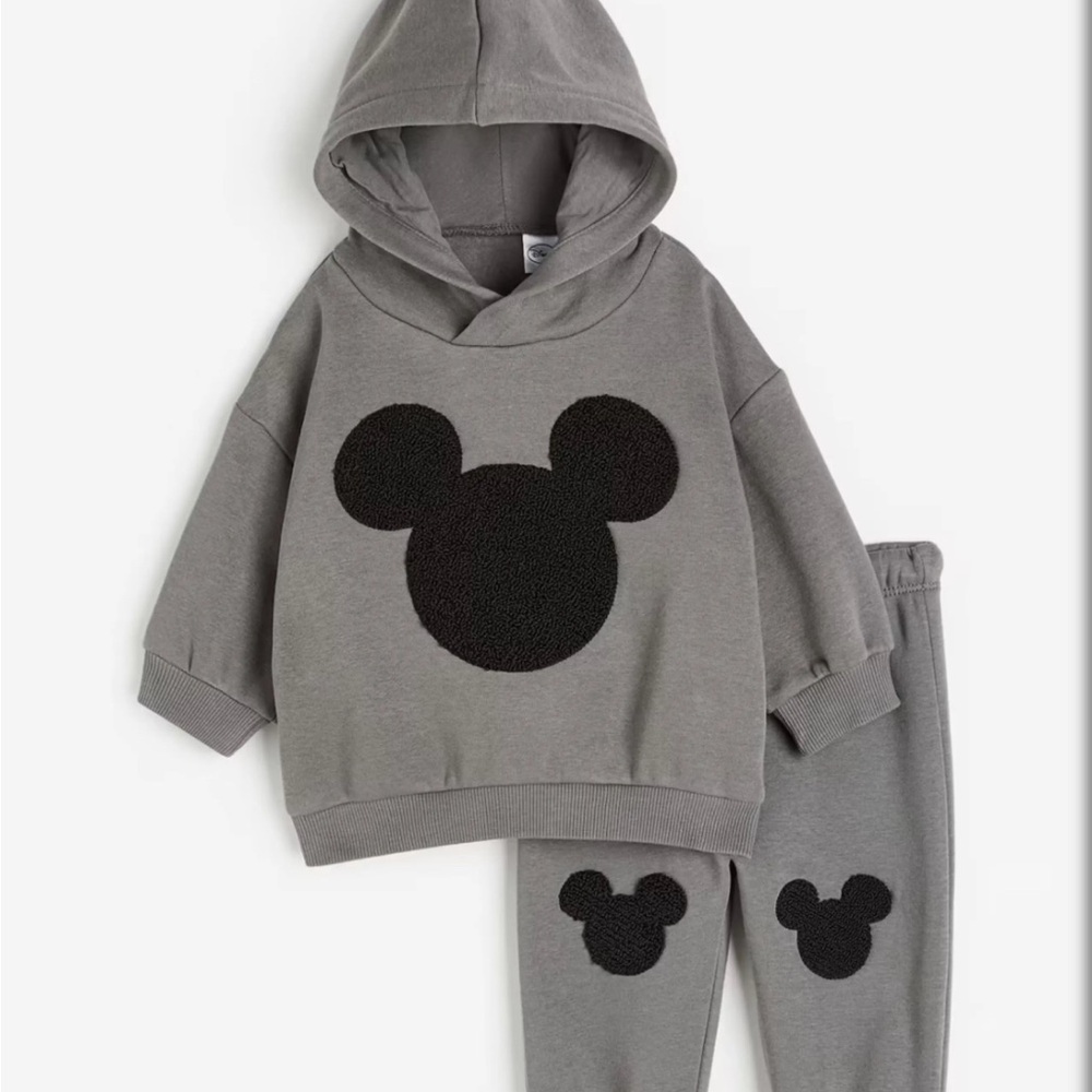EUC H&M Gray Hoodie and Pants Set with Black Mouse Design
